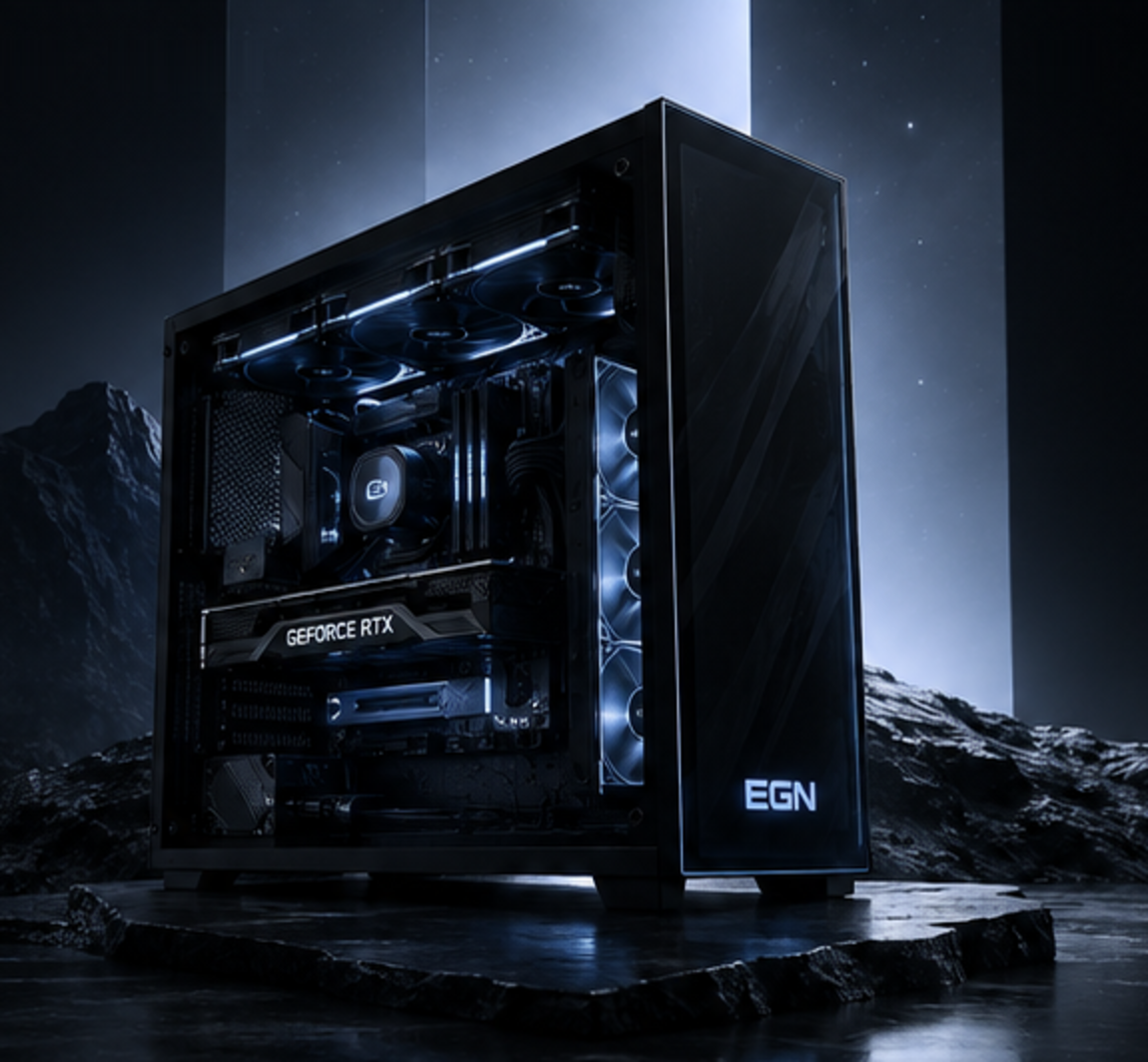 Игровой компьютер EGN PCBUILD в тёмной студийной сцене